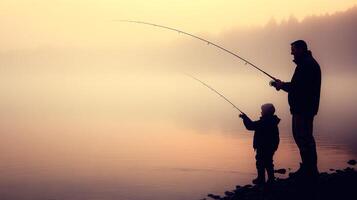 A father and child enjoy a peaceful fishing experience at dawn surrounded by mist on the waters surface photo