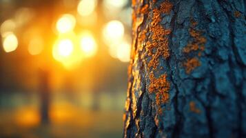 Golden sunlight illuminates tree bark adorned with vivid lichen in a serene forest during sunset photo