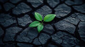 A small plant with vibrant green leaves grows from parched, cracked soil, symbolizing strength and hope photo