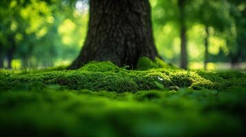 Soft green moss covers the ground around a sturdy tree, creating a tranquil natural environment photo