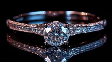 The shiny diamond ring sits gracefully on a reflective surface, emphasizing its sparkle in low light photo