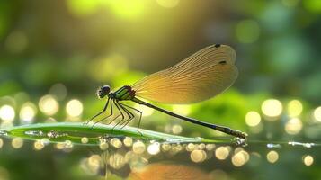 A dragonfly rests on a green leaf surrounded by soft sunlight and blurred sparkling water droplets photo