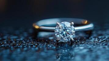 A stunning diamond ring with a glimmering stone sits on a textured surface, reflecting soft light photo