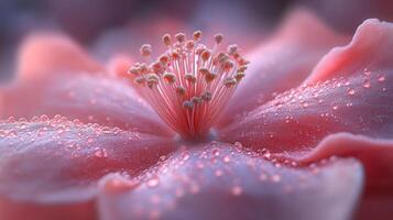 A close up of a pink flower with dew droplets sparkling under gentle morning light photo