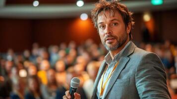 A speaker captivates a focused audience with insightful discussion in a conference hall setting photo