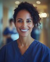 A healthcare worker smiles warmly while attending to patients in a medical environment photo