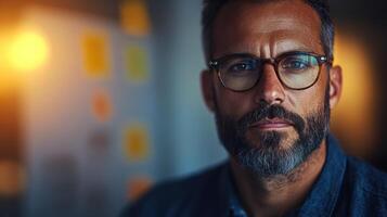 A man with a beard and glasses gazes intently in a softly lit minimalist space photo