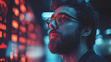 Man gazes at glowing data visualizations on a screen in a contemporary workspace setting photo