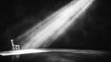 A solitary chair sits in a dark room with beams of light piercing through the shadows photo