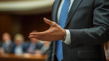 A business professional makes a gesture while speaking in an office meeting with colleagues in attendance photo