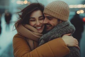 Two people share a joyful moment while embracing in a cold city environment at dusk photo