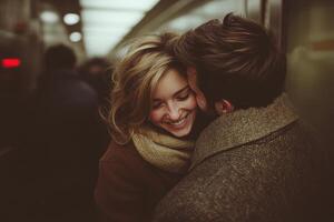 A couple shares a joyful moment in a subway car, exchanging smiles and warmth while others pass by photo
