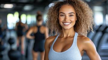 Woman with curly hair smiles confidently in a gym while others exercise nearby photo