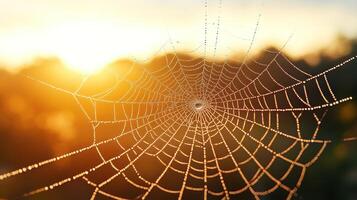A spider web catches dew drops, sparkling in the sunlight against a soft background photo