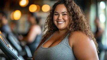 Confident woman with curly hair enjoys a workout environment in a fitness facility while smiling photo