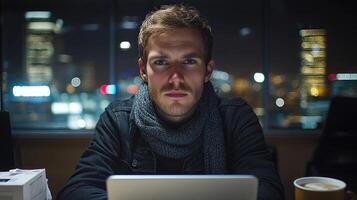 Young man with a serious expression works on a laptop in an urban office at night with city lights visible photo