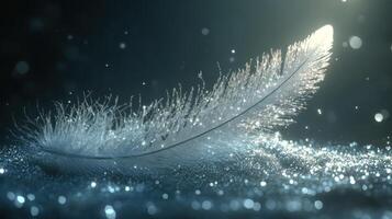 A fragile feather rests on a glittering surface while sparkling particles dance in soft illumination photo