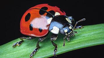 Brightly colored ladybug with black spots sits calmly on a green leaf in a natural setting photo