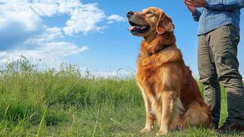 A golden retriever sits happily in a grassy field under a blue sky, with its owner standing close by photo