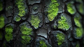 Close up view of tree bark featuring patches of bright green moss in a lush wooded area photo