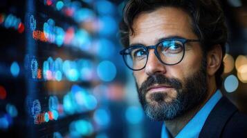 Professional observes digital data on a screen while pondering analytics in a modern workspace photo