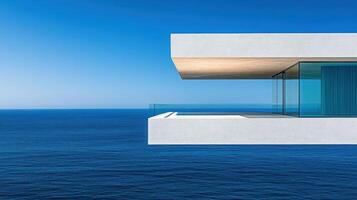 A unique building features a sleek balcony overlooking a calm blue ocean, inviting relaxation photo