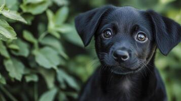 A cute black puppy with soulful eyes exploring a lush garden on a sunny day in early spring photo