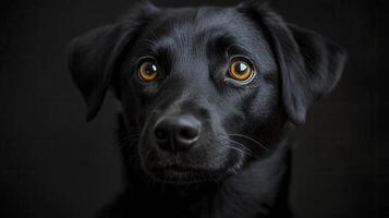A close-up of a black dog with expressive amber eyes against a dark background, showcasing its gentle demeanor and attentive expression photo