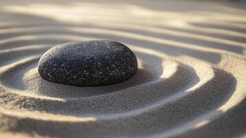 A smooth black stone lies in the center of a carefully raked sand pattern creating soothing, harmonious lines in a tranquil garden photo