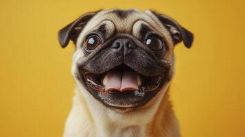 Happy pug with a big smile against a bright yellow background in a playful pose photo