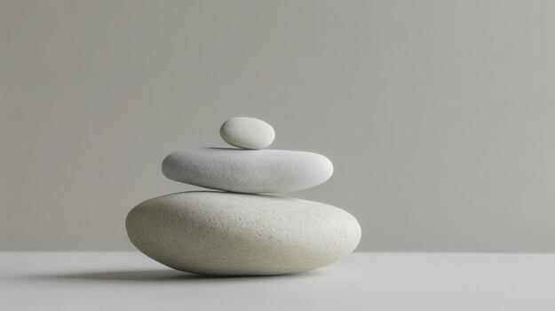 un sereno composición de apilado suave piedras en un minimalista superficie en suave natural ligero foto