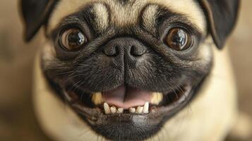 Happy pug dog showing cheerful expression with big eyes and broad smile captured in close-up indoors during daylight photo