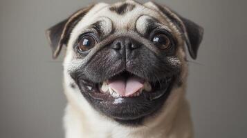 Happy pug with big eyes and a broad smile captured indoors, showcasing the joy of companionship in a cozy setting photo
