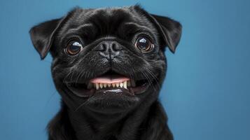 Happy black pug with a big smile against a bright blue background, showcasing its playful personality and adorable features photo