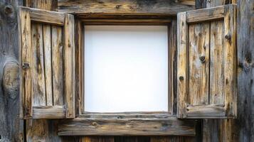 Rustic wooden window with open shutters revealing a blank wall in a charming country setting during daylight photo