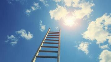 A wooden ladder reaching towards a bright sky with fluffy clouds during the day, symbolizing aspiration and dreams above photo