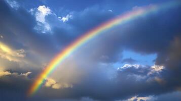A vibrant rainbow arches across a cloudy sky after the rain, casting colors over the landscape at sunset photo