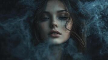 A young woman emerges from swirling smoke, creating a mystical ambiance in a darkened setting photo