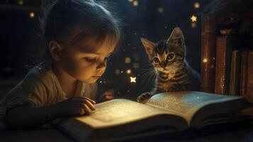 A young child reading a book with a kitten by her side in a cozy, starry setting at twilight photo