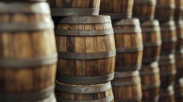 Wooden barrels stacked neatly in a rustic warehouse, showcasing craftsmanship and storage techniques for aging beverages photo