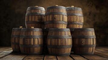 Wooden barrels stacked neatly on a rustic wooden floor with a warm background illuminating the scene photo