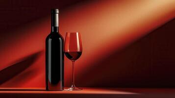 Elegant red wine bottle and glass illuminated softly against a vibrant red background photo