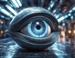 A futuristic blue eye with intricate circuitry design gazes into a vibrant, tech-inspired environment filled with lights photo