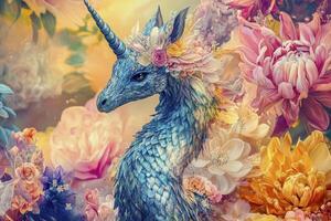 A blue unicorn adorned with flowers stands amidst vibrant, colorful blooms in a magical garden at dawn photo