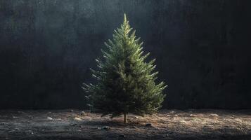 A solitary evergreen tree illuminated against a dark textured background in a serene indoor setting during winter photo