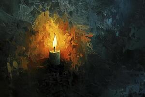 A solitary candle flickers softly against a textured dark background, casting warm light and creating a serene, contemplative atmosphere photo