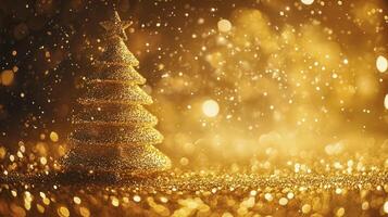 A sparkling golden Christmas tree with dazzling lights during the festive season against a shimmering background photo