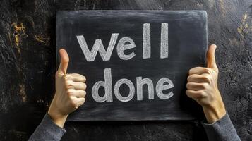 Celebratory gesture with chalkboard showing the phrase well done, emphasizing achievement and recognition for hard work photo