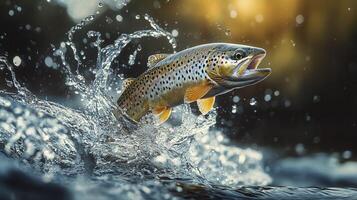 A brown trout leaps from the water, splashing droplets in a vibrant river scene during a sunny afternoon photo
