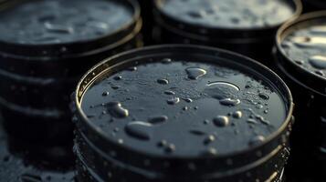 Oil barrels. Close-up view of dark liquid in stacked containers showing surface texture and reflections in a well-lit industrial setting photo